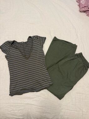 Free People Striped V-Neck Tee with Princess Polly Wide Leg Olive Pants